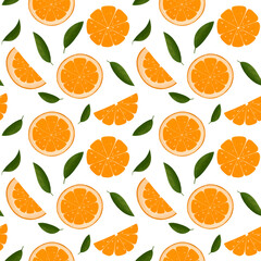Seamless pattern. Ripe oranges juicy fruits on white background. Sliced and cut citrus fruit