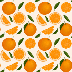 Fototapeta na wymiar Seamless pattern. Ripe oranges juicy fruits on warm background. Sliced and cut citrus fruit