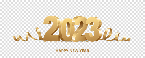 Happy New Year 2023. Golden 3D numbers with ribbons and confetti , isolated on transparent background. - obrazy, fototapety, plakaty