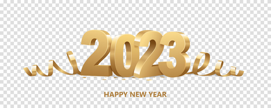 Happy New Year 2023. Golden 3D numbers with ribbons and confetti , isolated on transparent background.