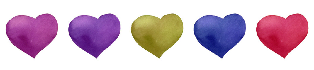 Set of watercolor hearts in purple colors. Hand drawn valentines heart, viplet, blue, pink and ultraviolet color.