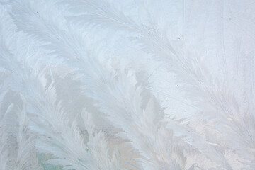Frost on glass. Background. Frosty pattern on a glass surface. Low temperatures. Seasons. January frost.