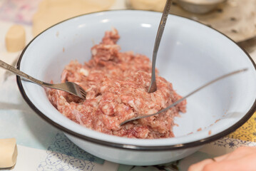 Minced meat in a bowl. Cook dumplings. Russian traditional food. Organic products.