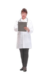 Front view of female doctor with stethoscope writing on clipboard
