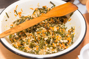 Make fern salad. Dish on the holiday table. Vegetable salad. Salad ingredients.