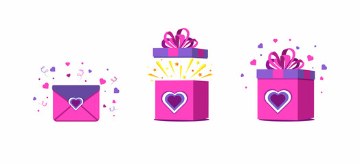 Valentines day. Gift boxes icons set with bow and confetti, love message envelope in trendy veri pery color.
