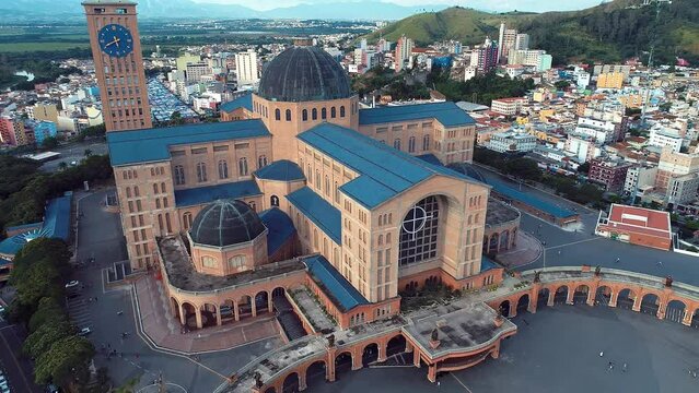 Aerial view of religion church shrine landmark at Brazil. Patroness of Brazil. Famous catholic church temple at state of Sao Paulo. Catholic religion priest.