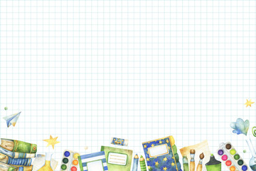 School, preschool, study, learning, education related banner with paper background and whimsical watercolor pencils, brushes, notebooks, stack of books, stars clipart boarder, kids themed graphics