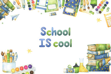 School is cool education and learning related banner, with watercolor stationery items, notebooks,...