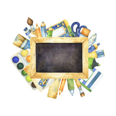 Back to school watercolor clipart arrangement with blackboard, stationery items, art and craft supplies, including pen, pencil, notebook, study, learning, education themed, on white background