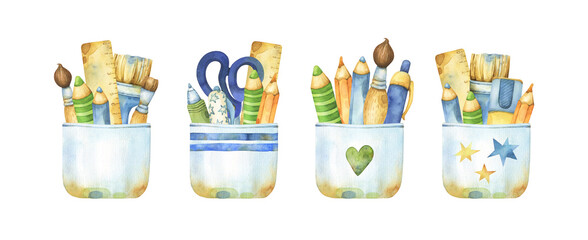 Set of watercolor clipart arrangements, art and craft banner, with school kids stationery items, including pens, pencils, ruler, brushes, premade fun design, isolated on white background, illustration