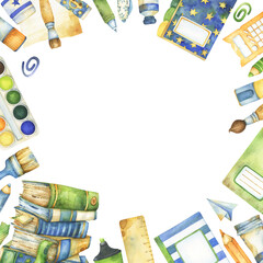 Square composition with whimsical watercolor back to school clip art, including stack of text books, notebooks, brushes, pens, pencils, education, study related frame, white background, space for text