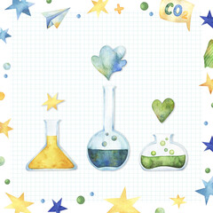 Square watercolor composition with stars and dots frame and colorful cartoon chemistry lab glassware, on white background, education, school related design, kids illustration, fun graphics