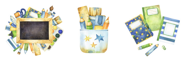 Back to school watercolor graphics, including chalkboard text plate and stationery arrangement, art and craft supplies in a rusty cup, notebooks and pencils composition, isolated on white background