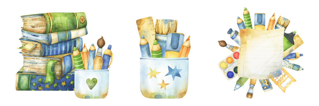 Set of three premade designs with watercolor clip art, including stack of books and pens, pencils in a rusty cup, cup with stars and stationery items, as paper sheet text plate with art supplies