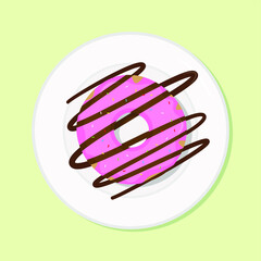 Donut with pink glaze and sprinkles, not healthy diet meal on plate. Vector illustration. Simple flat stock image. Sweets and sugar. Doughnut with chocolate sauce. healthy food nutrition
