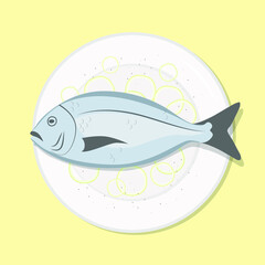 Whole fish with salad healthy diet meal on plate. Seafood vector illustration. Simple flat stock image. River fish on table healthy food nutrition