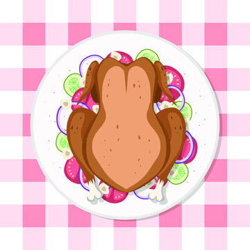 Whole baked chicken with salad healthy diet meal on plate. Vector illustration. Simple flat stock image. Duck on table healthy food nutrition