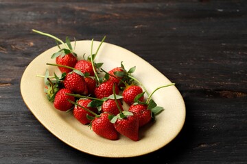 Strawberry on Cream Plate, Wooden Table.