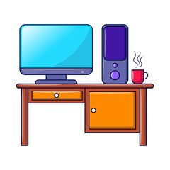 Desktop computer on the table with hand drawn outline illustration