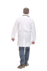 Fototapeta premium Back view of walking doctor in a robe hurrying to help the patient.