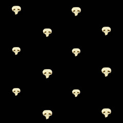 Colorful pattern of fresh mushrooms on black background. Champignon sliced. Top view. Flat lay. Pop...