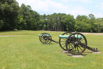 Fototapeta na wymiar Two cannons on the Chickamauga battlefield in summer