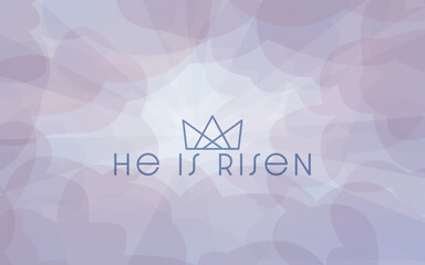 He is Risen under crown icon and blue clouds with sun rays shining through. Symbolizing the resurrection of Jesus Christ. Easter social media wide card.