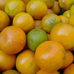 Tangerines from Thailand put together in heaps.