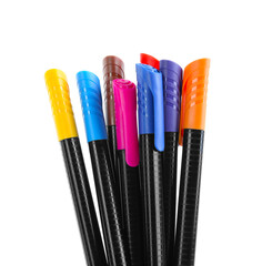 Many colorful markers on white background. School stationery