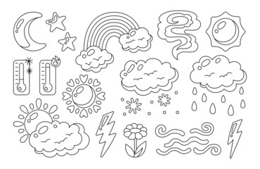 Weather doodle line set. Sun and clouds, rain or snow, lightning, moon and star, thermometer. Linear hand drawn climate meteorological infographic sign. Funny childish nature weather collection