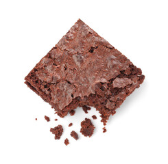 Bitten delicious chocolate brownie on white background, top view