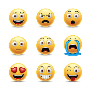 Set of funny emoticons. Collection of emoji. Yellow faces with different expressions.