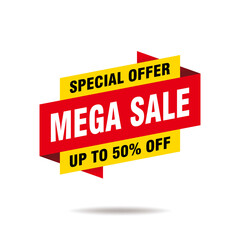 flat mega sale banner isolated on white background, modern mega sale advertisement with red and yellow color template vector