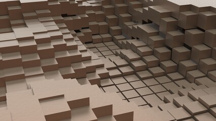 Naklejka premium Abstract background with waves made of a lot of blown cubes geometry primitive forms that goes up and down under black-white lighting. 3D illustration. 3D CG. High resolution.