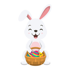 Cute little white bunny with basket of Easter egg