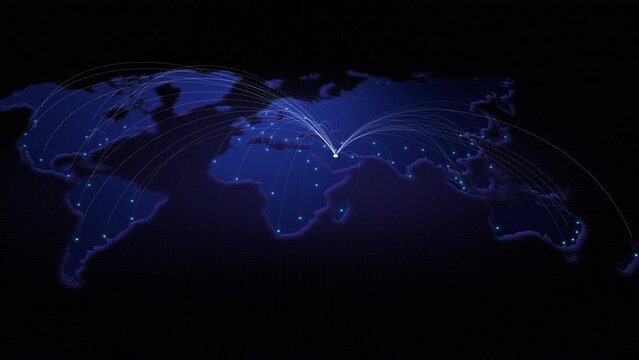 Global connectivity from Riyadh to other major cities around the world. Technology, network connection, trading, and traveling concept. World map element furnished by NASA