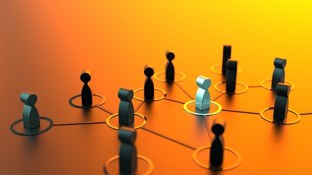 Chain of silver human figurines connected by black lines under green-orange lighting. Cooperation and interaction between people and employees. Dissemination of information in society, rumors. 3D CG.