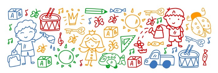 Vector pattern with little children. Kindergarten. Imagination. Creativity. Play.