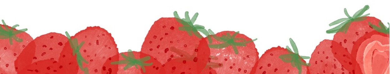 水彩画。水彩タッチの一列に並んだ苺イラスト。白バックの背景壁紙。Watercolor painting. Illustration of strawberries in a row of watercolor touch. Background wallpaper with white background.