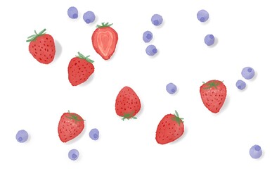 水彩画。苺の背景イラスト。水彩タッチの春の苺イラスト背景。Watercolor painting. Strawberry and blueberry background illustration. Illustrated background of strawberries and blueberries in spring with a touch of watercolor.