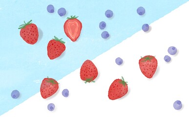 水彩画。苺とブルーベリーの背景イラスト。水彩タッチの春の苺とブルーベリーのイラスト背景。Watercolor painting. Strawberry and blueberry background illustration. Illustrated background of strawberries and blueberries in spring with a touch of wate