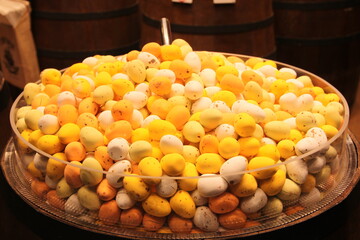 colorful delicious marmalade jelly candies on counter of shop, grocery, market, cafe - close up view. Dessert, sale, sweet food and confectionery concept