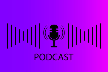 Podcast logo. Radio symbol. Music wave. Creative art. Microphone icon. Violet backdrop. Vector illustration. Stock image. 