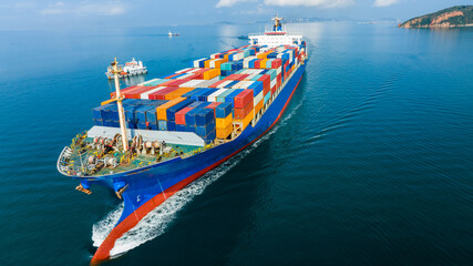Aerial side view of cargo ship carrying container and running for export  goods  from  cargo yard...
