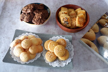 homemade cookies. assorted pastries on a marble table. christmas cookies. Pastries are made of flour, eggs, sugar and cheese. delicious pastries. close up