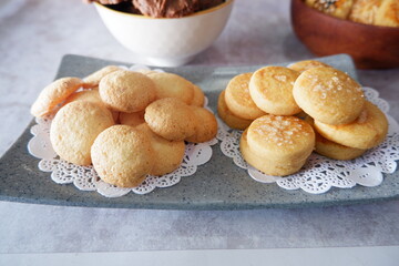 homemade cookies. assorted pastries on a marble table. christmas cookies. Pastries are made of flour, eggs, sugar and cheese. delicious pastries. close up