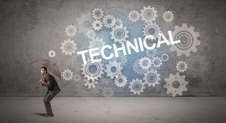 Fototapeta premium Businessman defending with umbrella