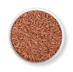 Organic Red Jasmine Rice in white bowl on white background. Top view.