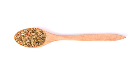 Dried oregano spice or marjoram leaves in wooden spoon isolated on white background.